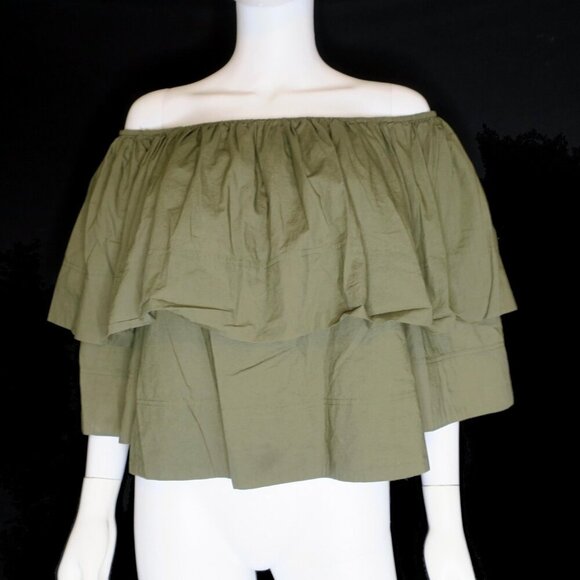 Apiece Apart Neroli Off-the-shoulder Ruffled Cotton Green Poplin Top Women's 6 - Picture 2 of 7